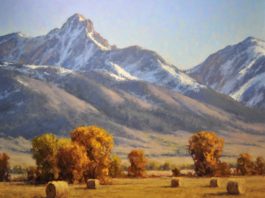 11 Mountain Landscapes to Peak Your Interest Painting of mountains - 3. Greg Scheibel, "Autumn in the Rockies," 2022, oil, 27 x 33 in., Private collection, Studio from plein air studies