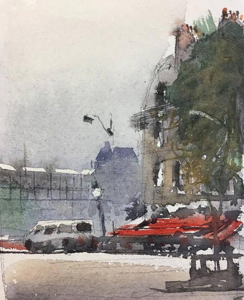 Plein air watercolor sketch of Paris
