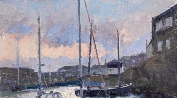 Clare Bowen’s Addiction to Plein Air Painting plein air painting - Clare Bowen, “Sunrise, Old Newlyn Harbour,” Oil on canvas, 12 x 16 in.
