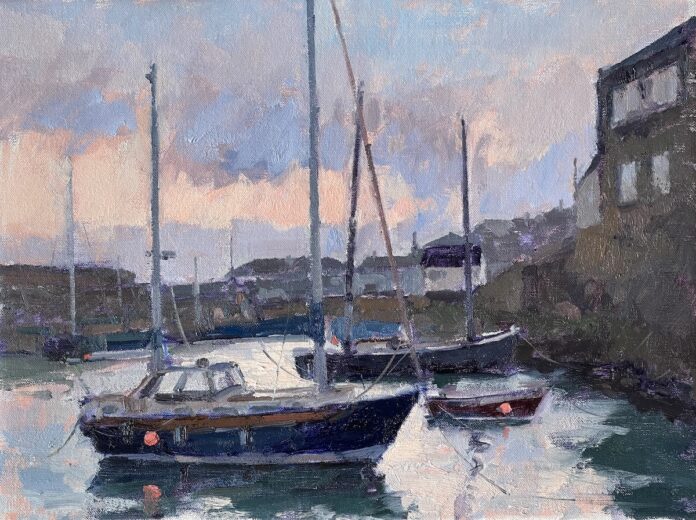 plein air painting - Clare Bowen, “Sunrise, Old Newlyn Harbour,” Oil on canvas, 12 x 16 in.