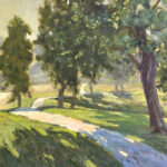 oil painting of sunlight pathway with trees on either side; mountains in the distance