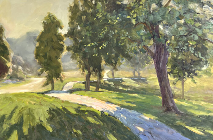 oil painting of sunlight pathway with trees on either side; mountains in the distance
