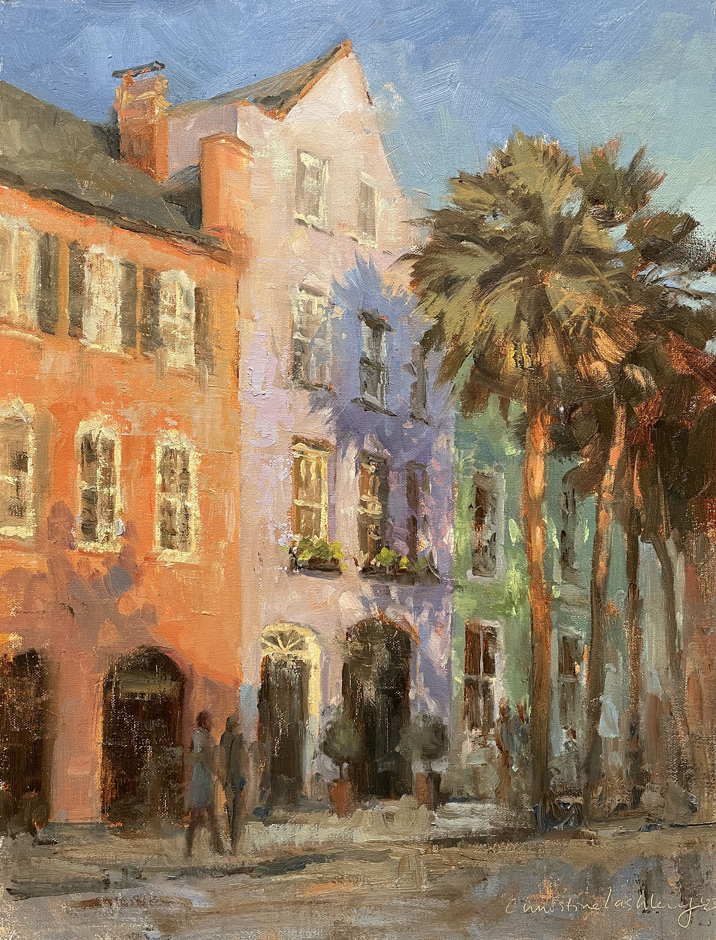 oil painting of sunset hitting buildings, making them different shades; palm tree on right side of image; pathway in foreground