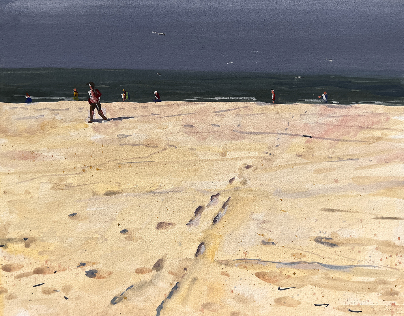 oil painting of dark sky and bright sand tones with tracks in the middle of the image; person walking on left side