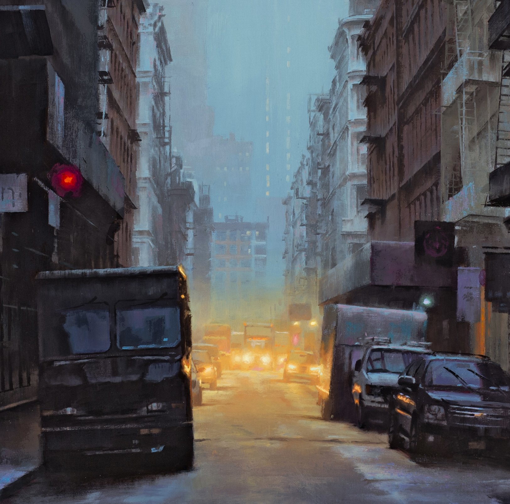 painting nocturnes - Gavin Glakas, "Soho in the Rain" (detail), Oil on linen, 36" x 72"