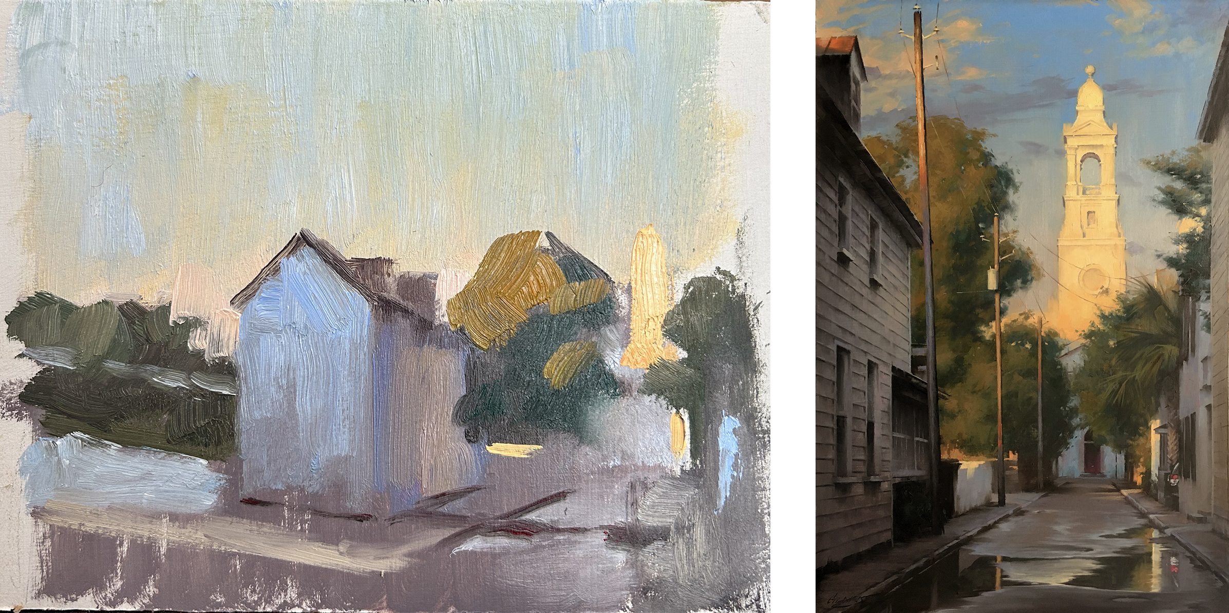 Left: Gavin’s 7” x 8” color study; Right: Gavin Glakas, “St. John’s in the Afternoon”, oil on panel, 16” x 24”