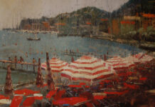 C.W. Mundy, “Red Striped Umbrellas, Santa Margherita Ligure,” (Italy Light & Color 1996 Collection), 16 x 20 inches, oil on linen, painted en plein air, Private Collection