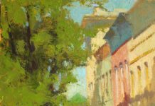 oil painting of street view and building on right side with trees framing the left