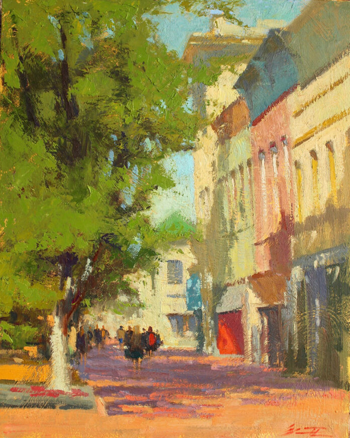 oil painting of street view and building on right side with trees framing the left