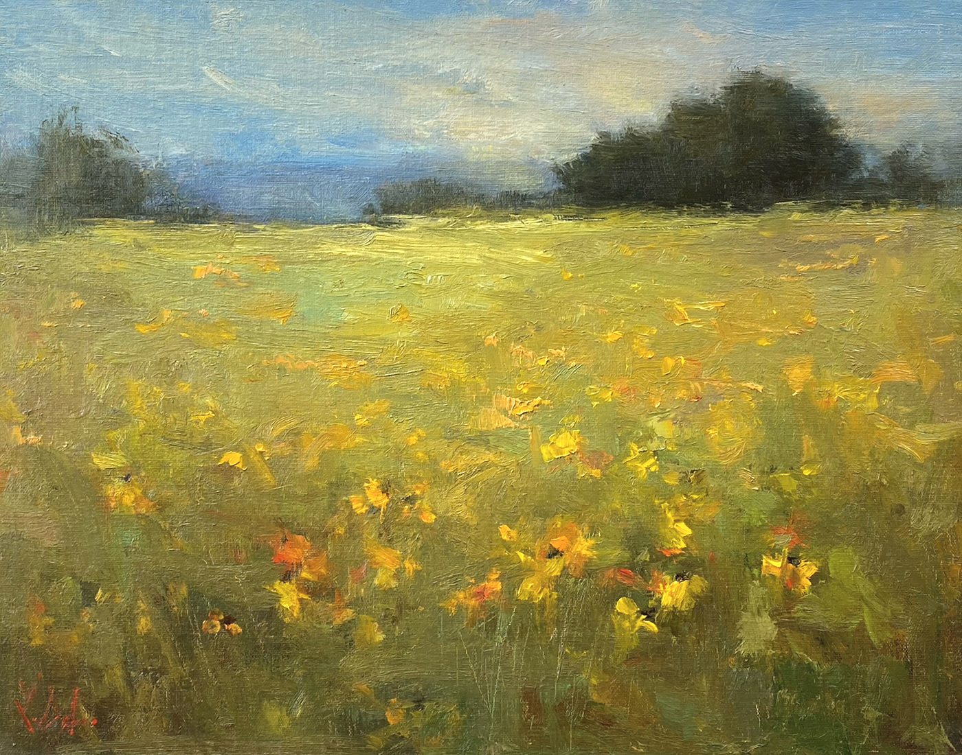 oil painting of field of green and yellow, with trees in background; mountain range in distance
