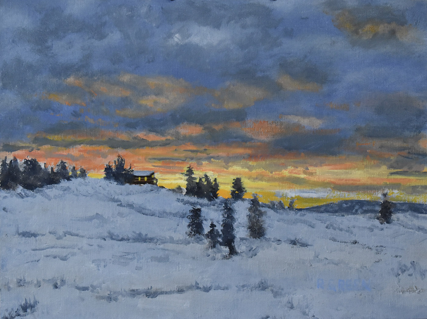 oil painting of winter scene on hilltop with sunset and evergreen trees in the distance