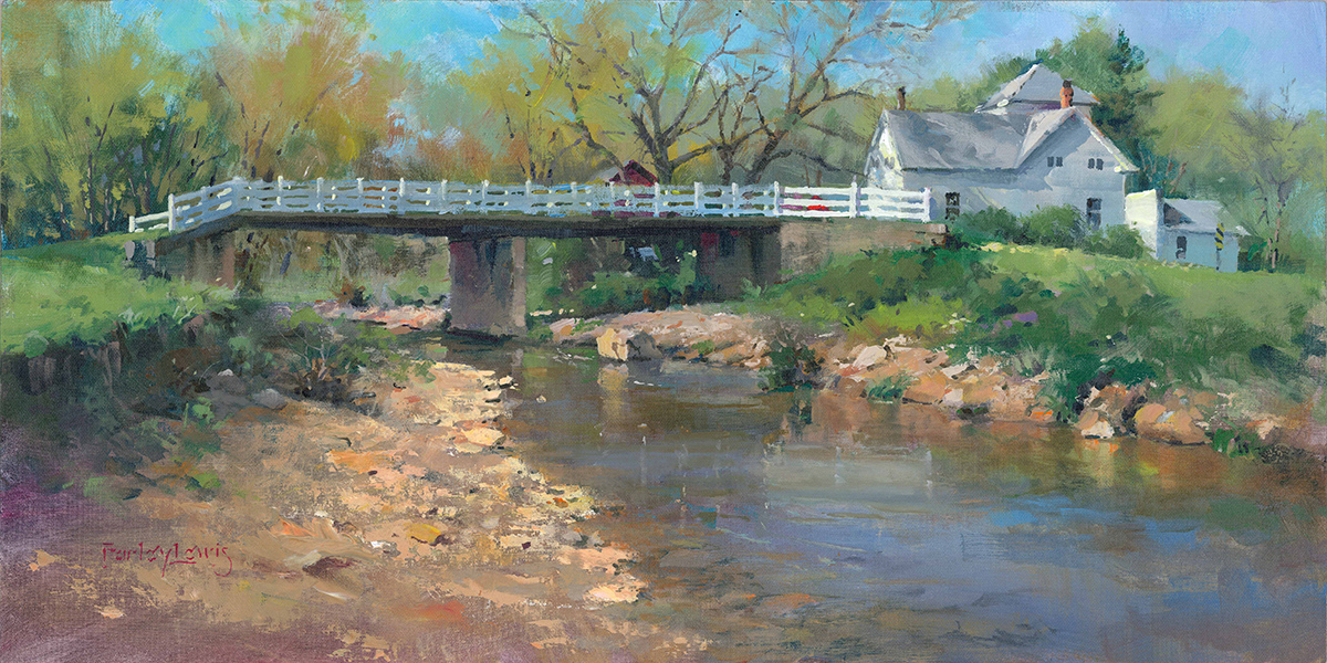 acrylic painting of a house in the background, with.abridge, and water flowing underneath, with a river bank on either side