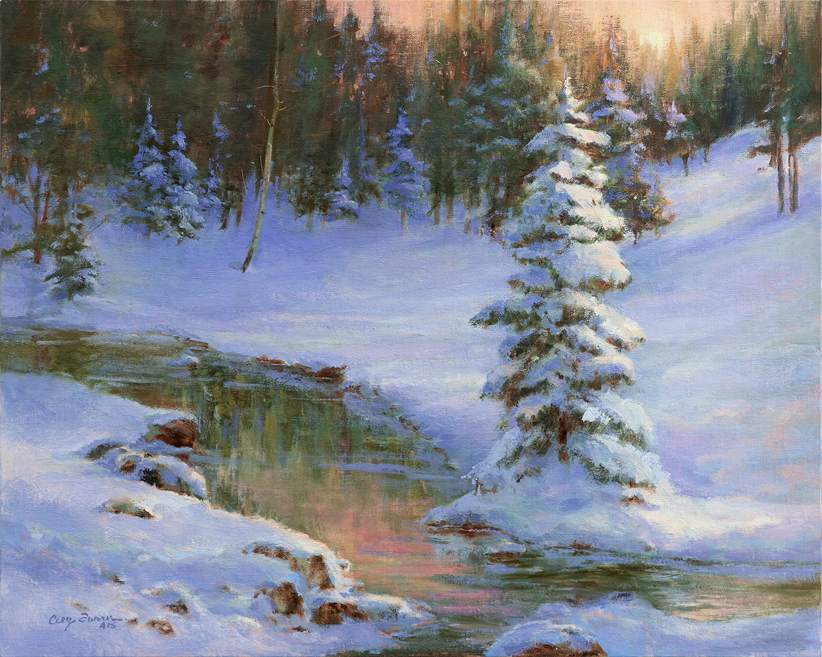winter scene with snow covered grounds; evergreen tree covered in snow; creek flowing through; glowing sunlight in the distance