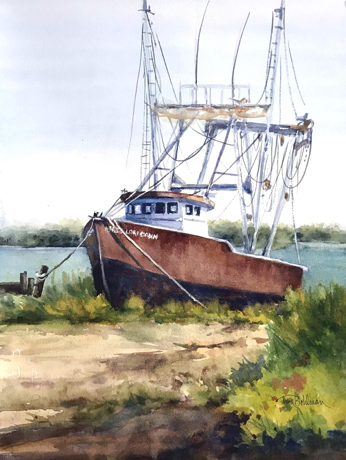 watercolor of old boat washed ashore. Ocean in the background