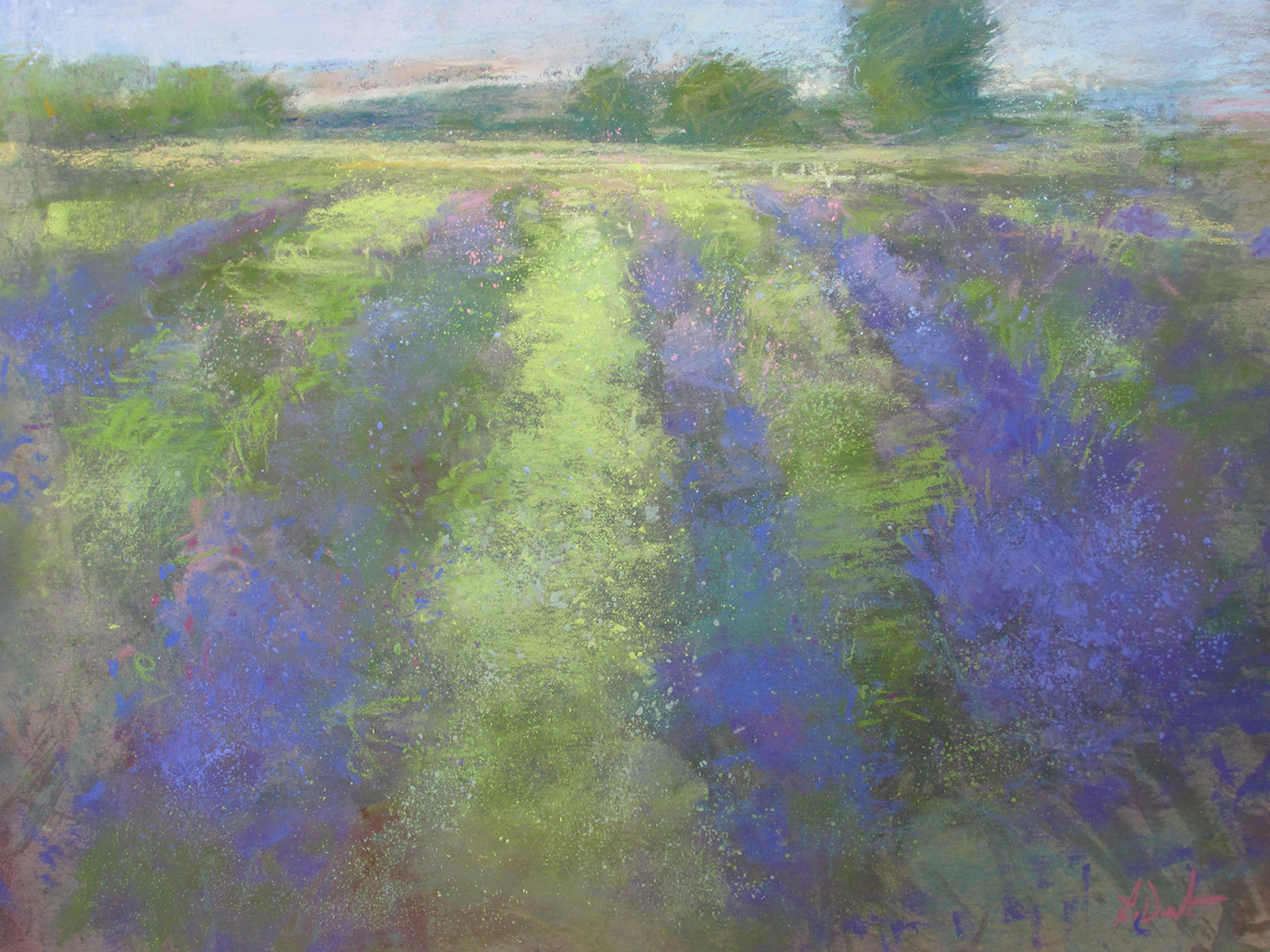 pastel painting of rows of purple flowers in a field with trees in distance 