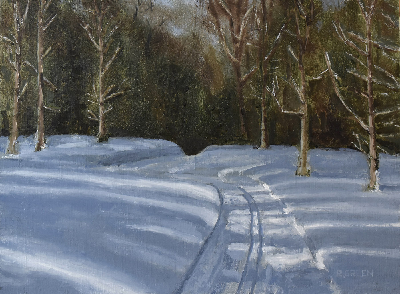 oil painting of snow cover road with forest in the distance- road leading the viewer into the woods