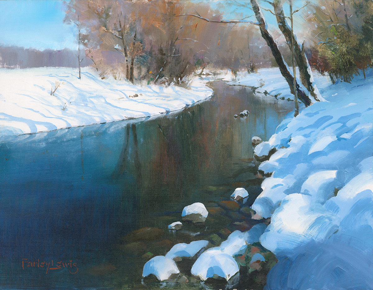 acrylic painting of snow scene with water flowing through trees, and river bak on either side. trees in background