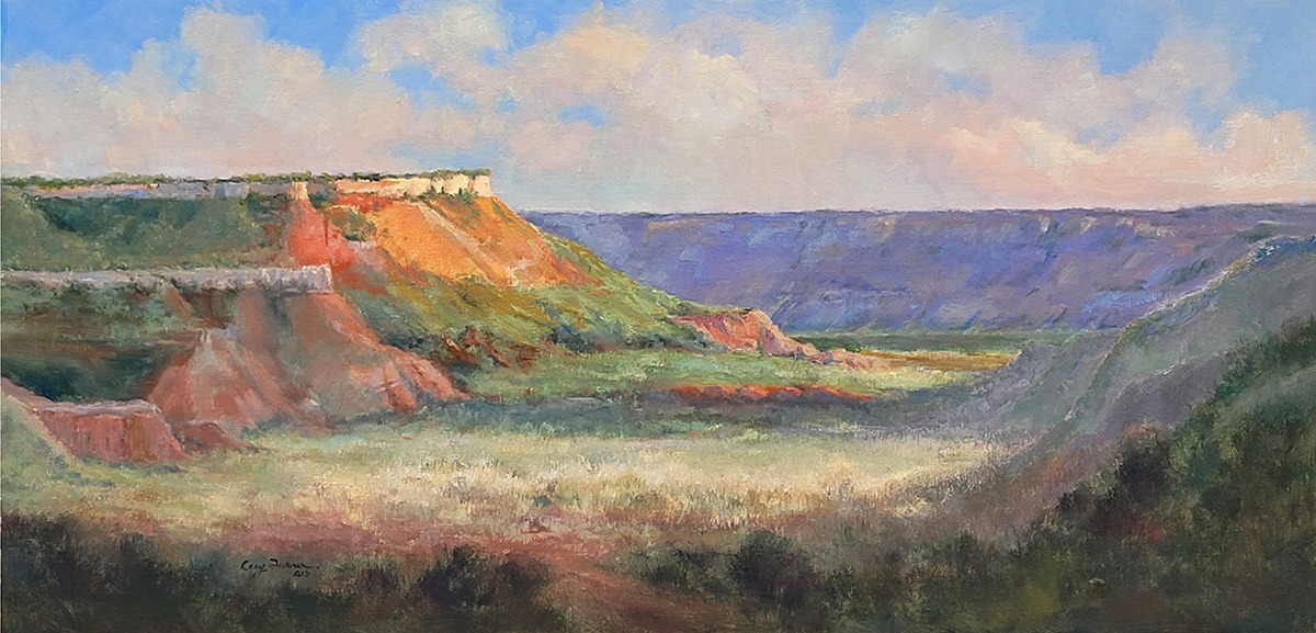 oil painting of texas landscape with plateau cliffs in the distance; greenery in front of the cliff; sun setting off the cliffs 
