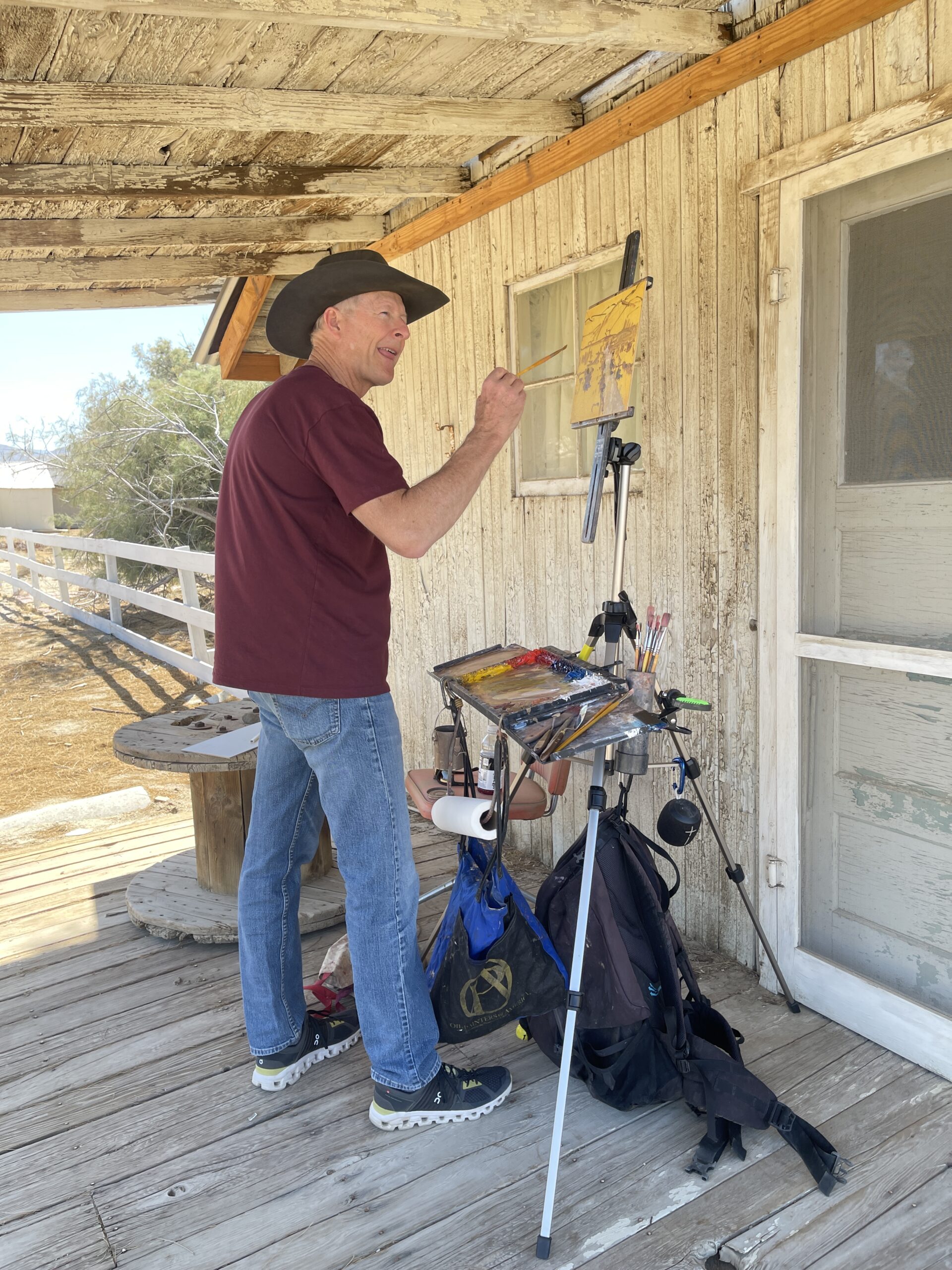 Jim Wodark painting during the Quick Draw. His oil painting, "Coyote Creek" won the Borrego Springs Plein Air Invitational in 2022.