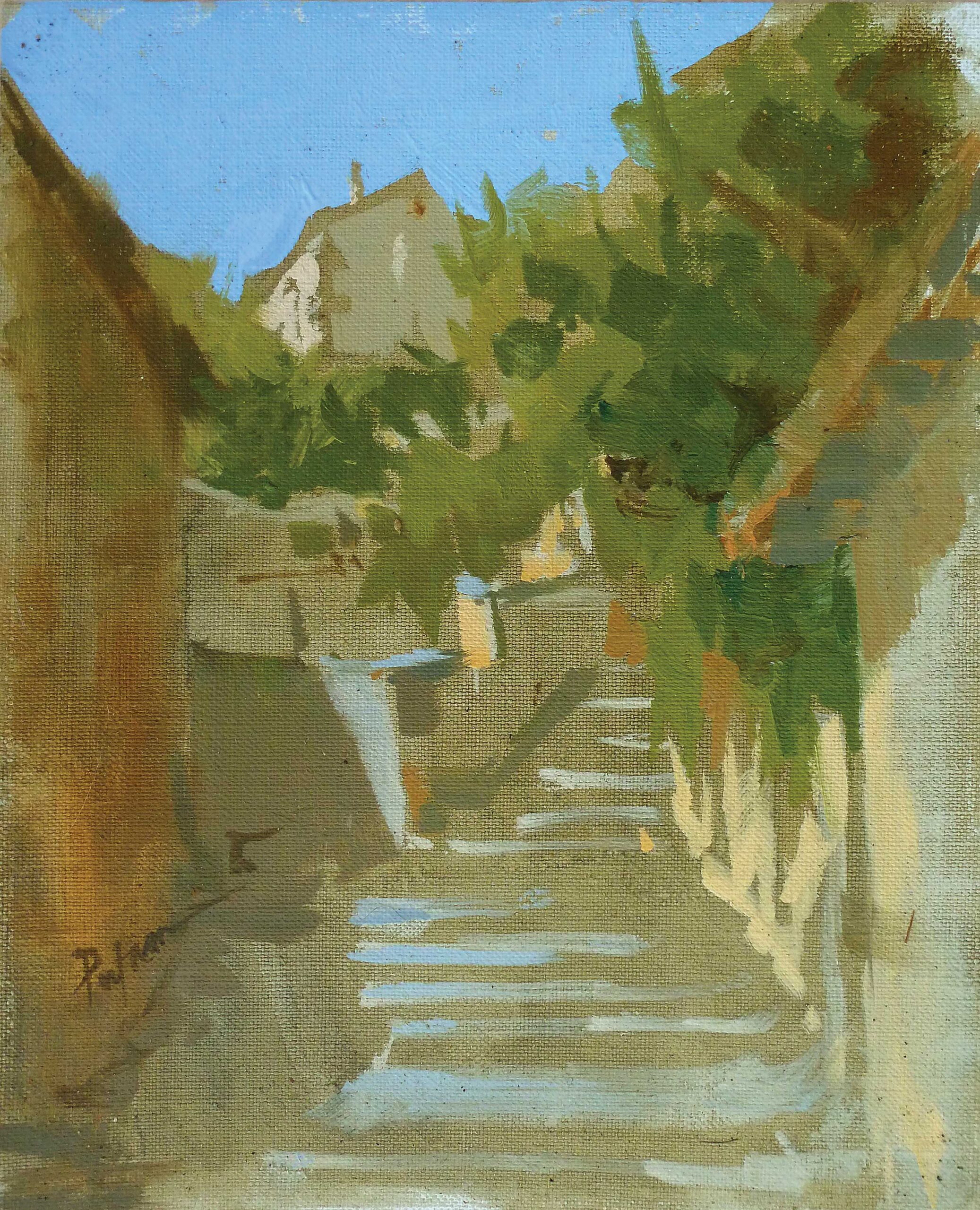 painting en plein air - Lori Putnam, "One Way to Get There," 2015, oil, 12 x 9 in., private collection, plein air, Avignon, France