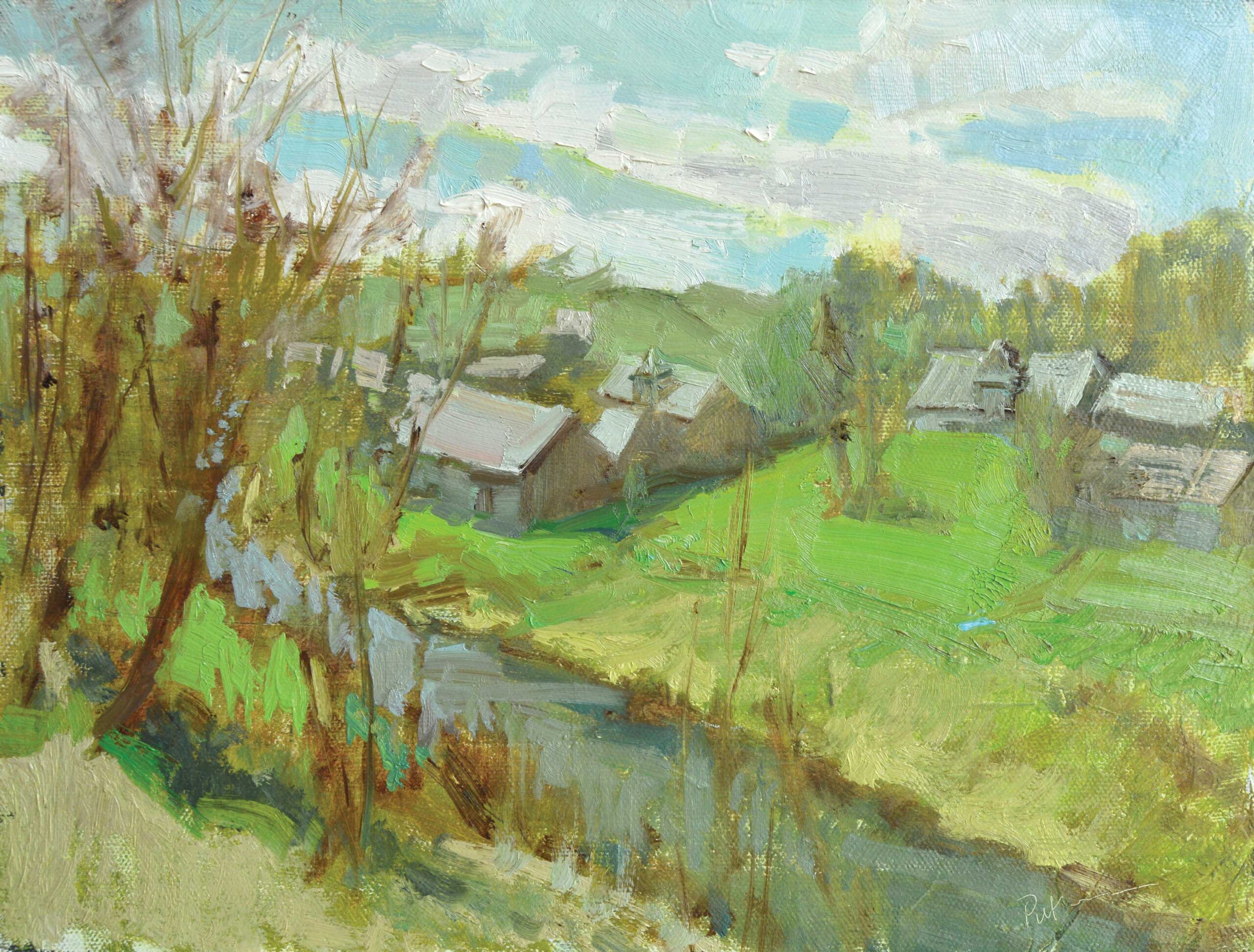 painting en plein air - Lori Putnam, "Spring in Ukraine," 2019, oil, 9x 72 in., Collection the artist, Plein air study