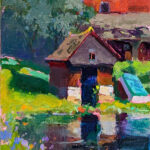 oil painting of small structure sitting on edge of pond with red barn on the background