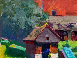 oil painting of small structure sitting on edge of pond with red barn on the background