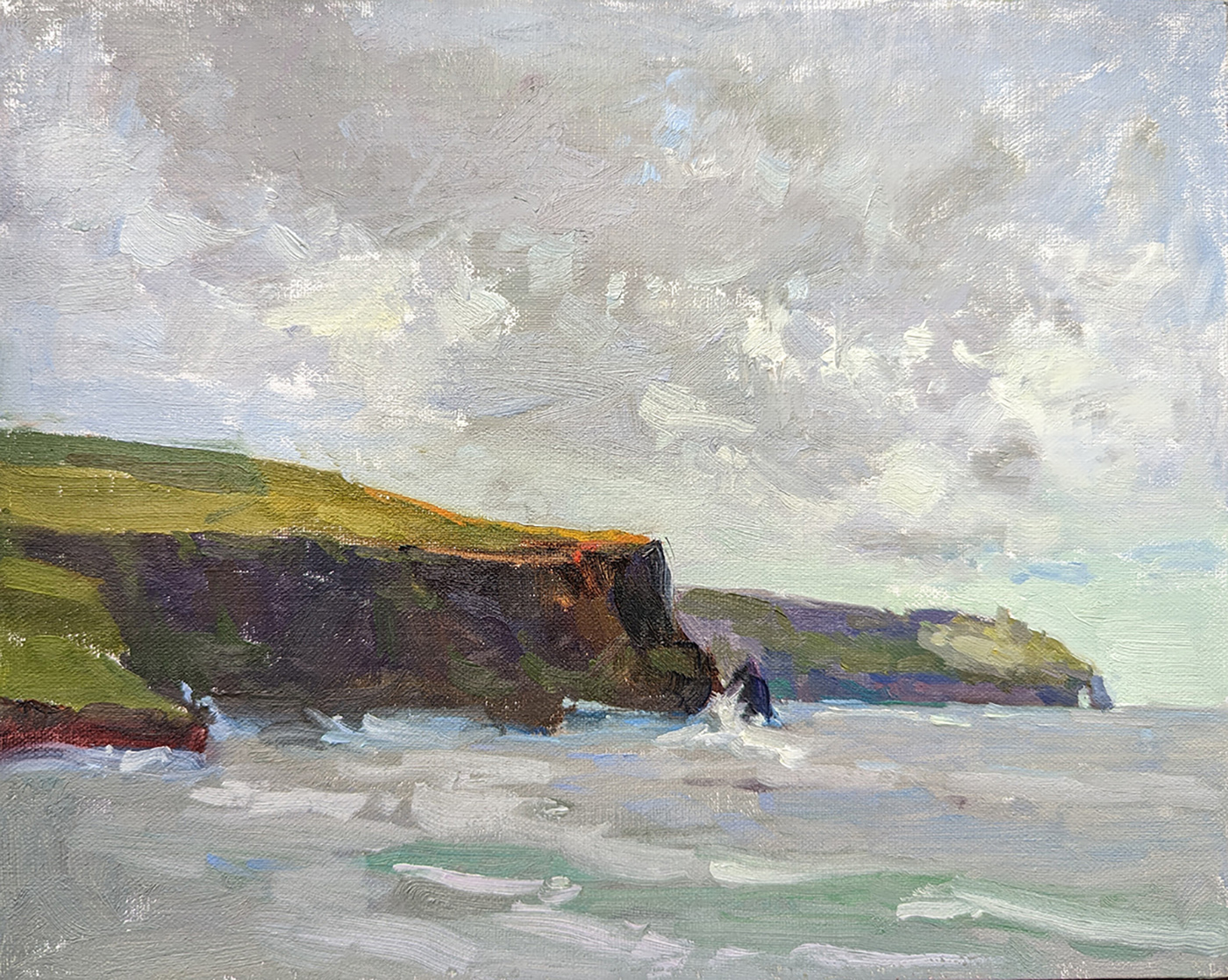 oil painting of cloudy over of cliff hills by ocean