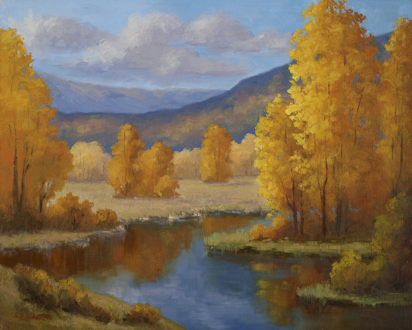 oil painting of river flowing through trees; mountain range in the background