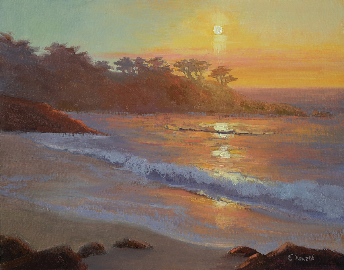 oil painting of sunset over beach; trees in the background