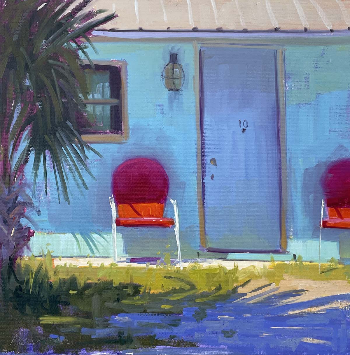 oil painting of closeup of blue house with red chairs out front of doors; palm trees on left frame