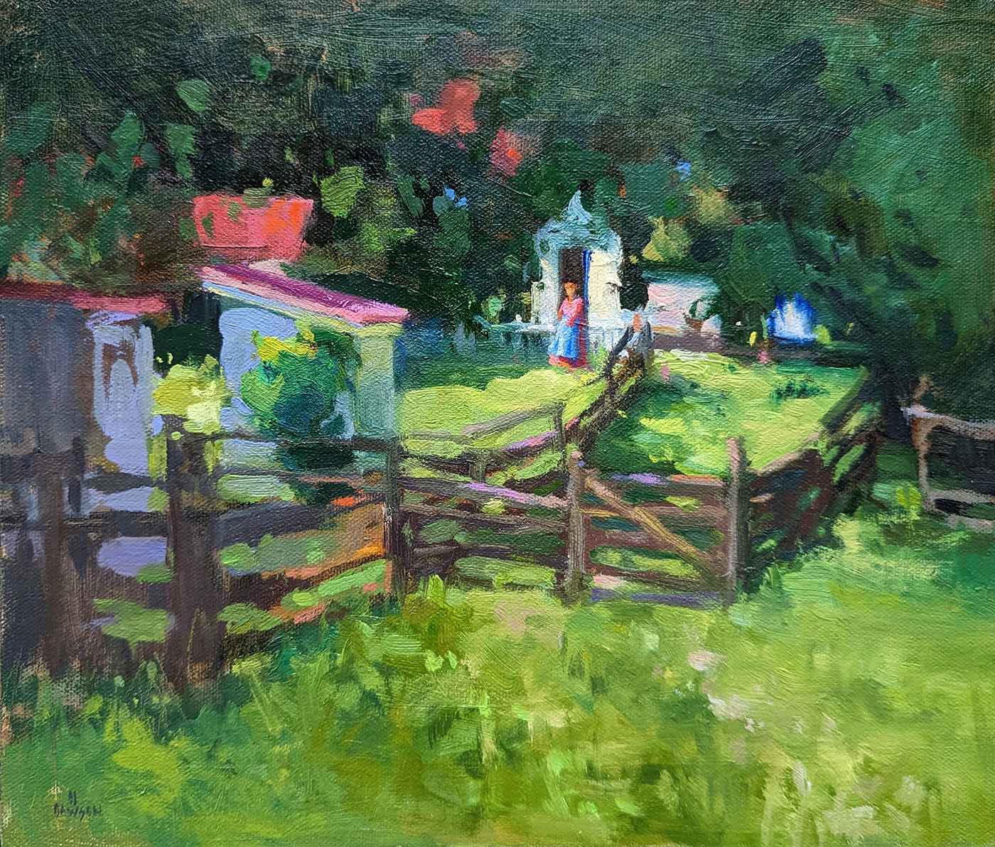 oil painting of luscious green field with house nearby, and wooden fence going from one end of canvas to the other
