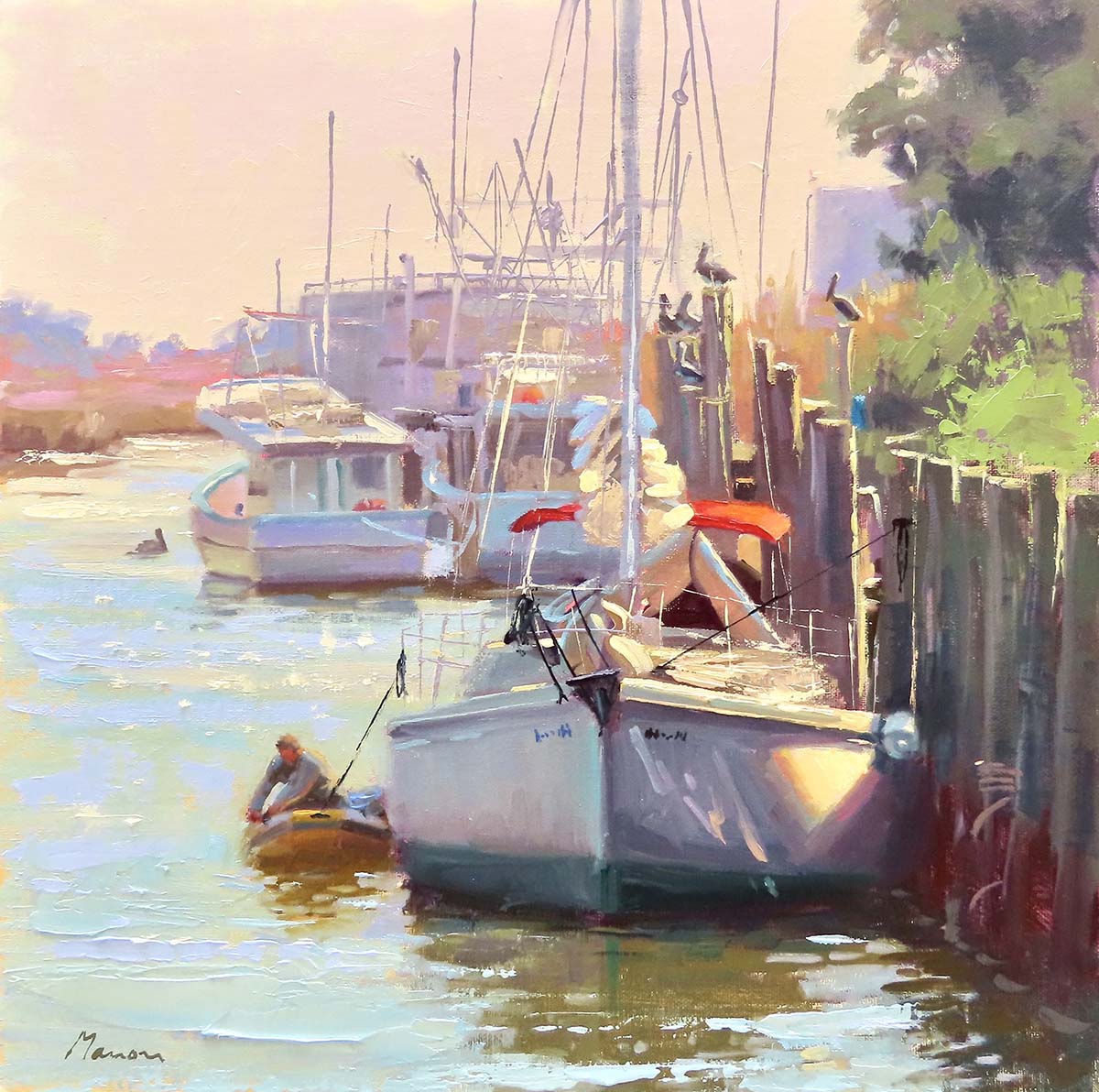 oil painting of boats tied up along the marina; sunset glowing in the background