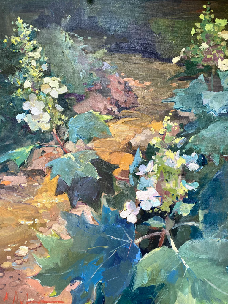 Olmsted Plein Air Natalia Andreeva, "Oak Leaf Hydrangea," oil on linen, 20 x 16 in.