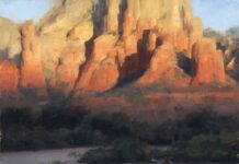 I’m Not Ignoring Composition, But … Dave Santillanes, "Sedona Light, 2019, oil, 32 x 24 in., Private collection, Studio from plein air studies