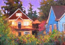 Jed Dorsey, "Two Houses," 2019, acrylic, 18 x 24 in., Collection the artist, Plein air