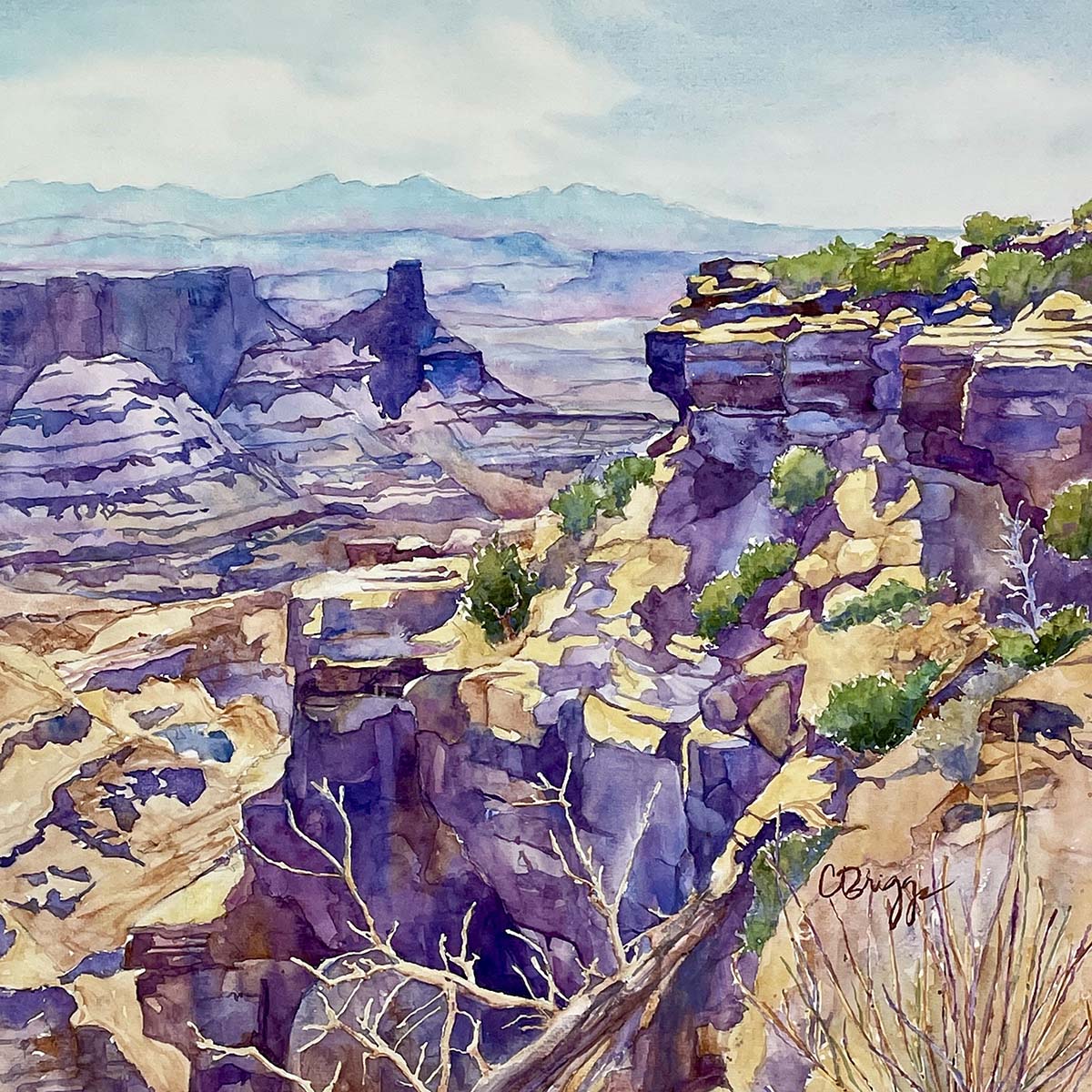 watercolor painting of colorful desert landscape; hints of purple