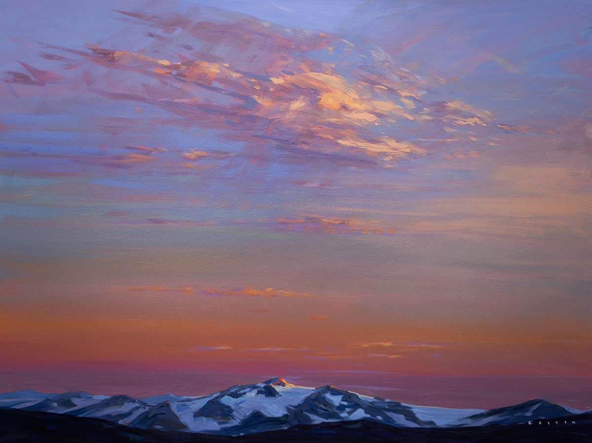 oil painting of sunset with strip of mountains in the background; mainly sky painting