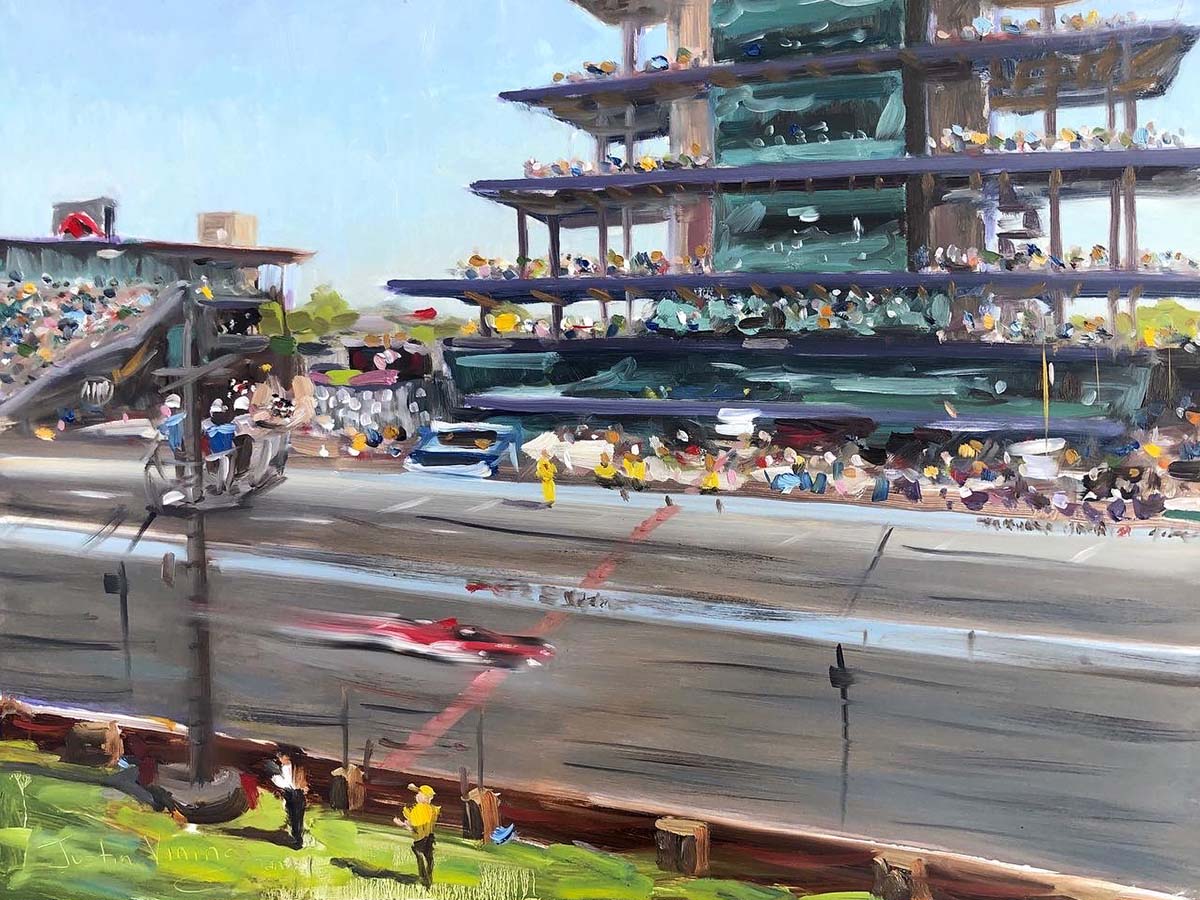 oil painting of raceway in foreground; building in background; green in very front