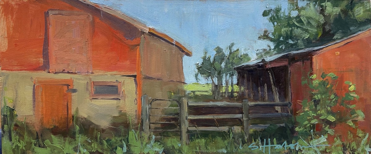 Stephanie Hartshorn, “Stone & Stable,” 2022, Oil on wood panel, 7 x 16 in.