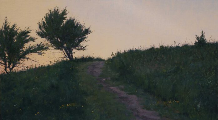Joshua Cunningham, "The Way Back," 2022, oil, 24 x 36 in., available from artist, plein air;  featured in PleinAir Magazine (June/July 2023 issue)