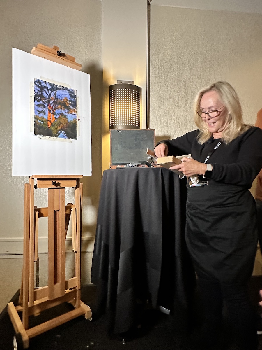 Terri shared her approach to layering and mark-making to build depth and texture, along with her choice of “bright instead of white” when painting light on foliage and branches.