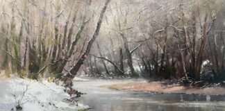 oil painting of river bank in winter