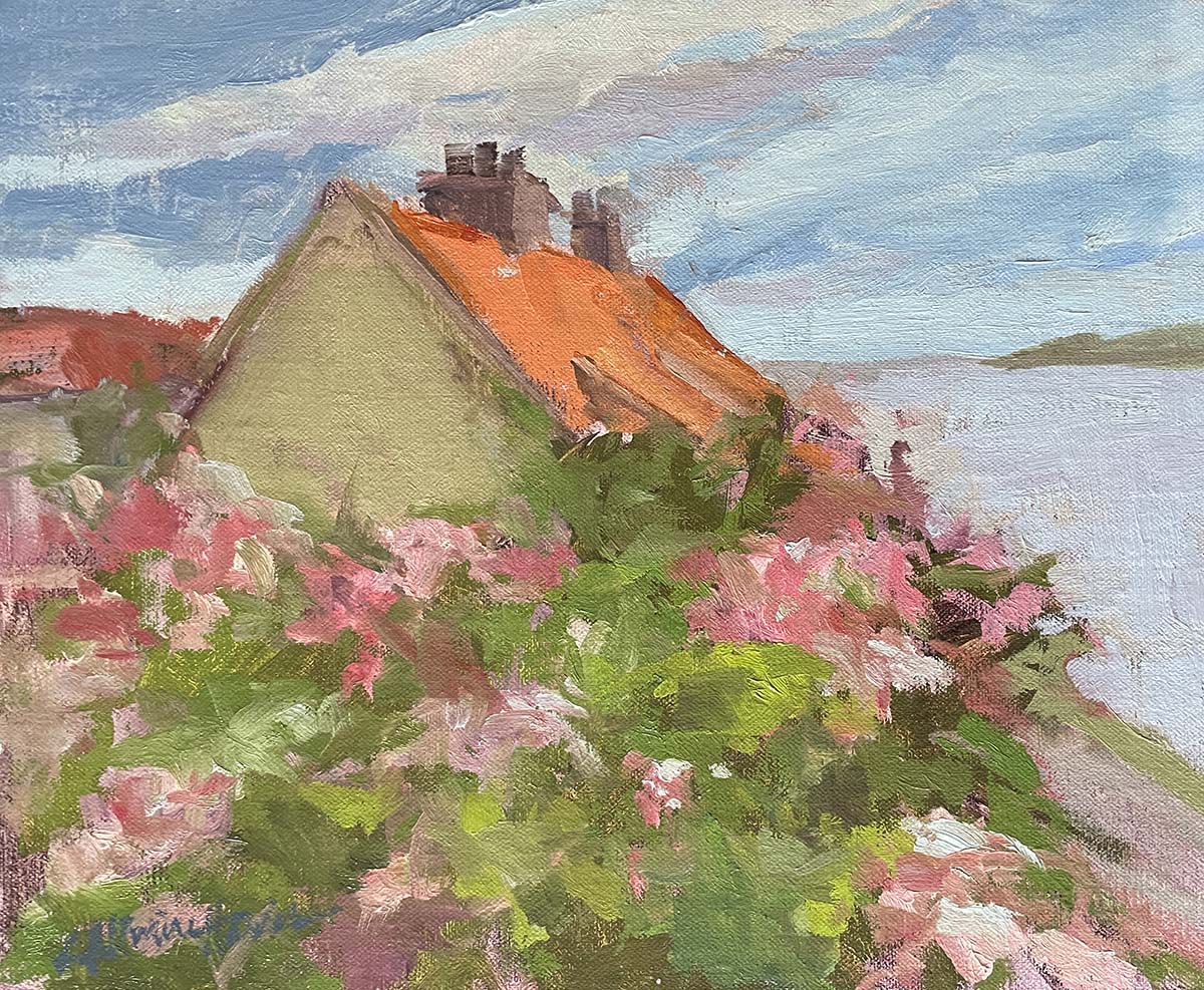 oil painting of house covered by flowers and bushes; roof sticking out