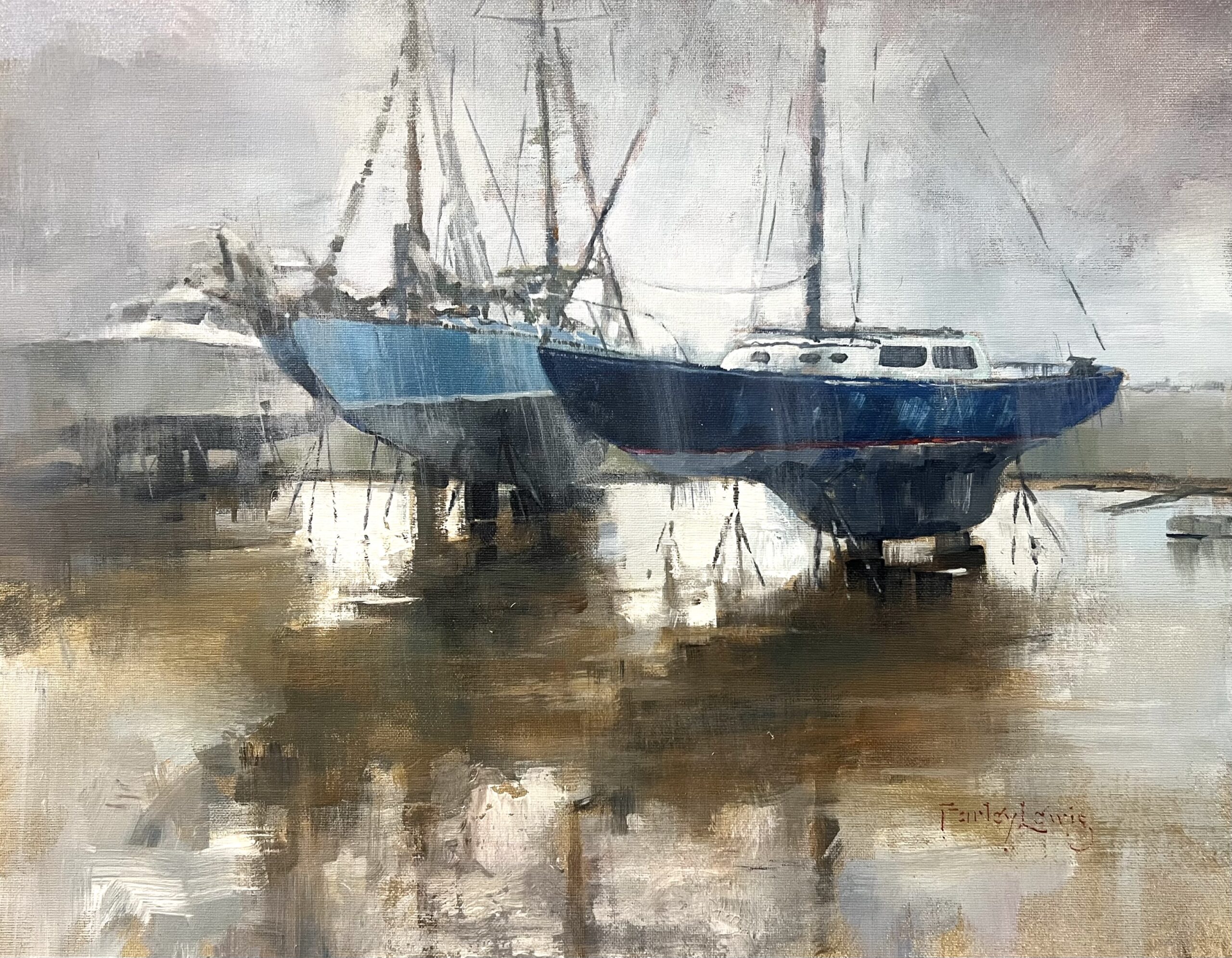 oil painting of boats docking in the rain