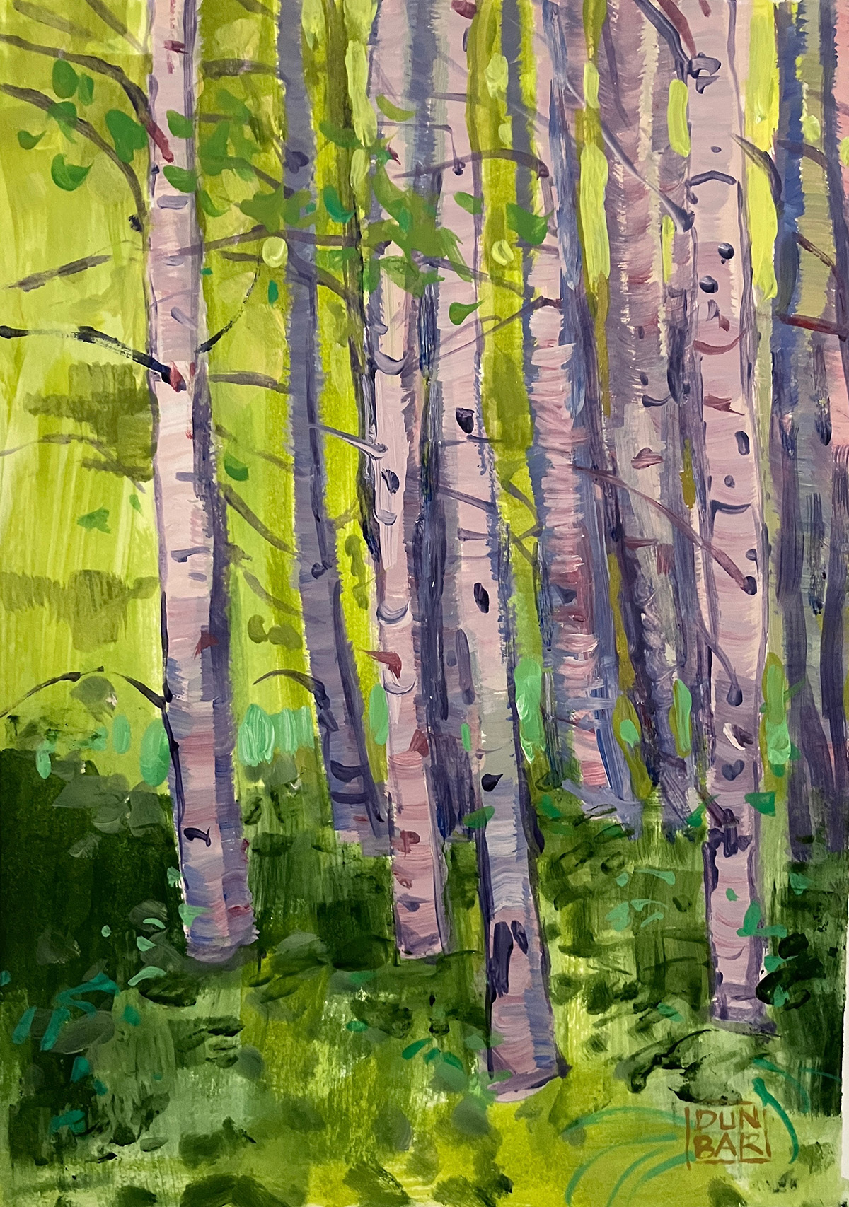 oil painting of cluster of aspen trees in forest; green foreground, green background