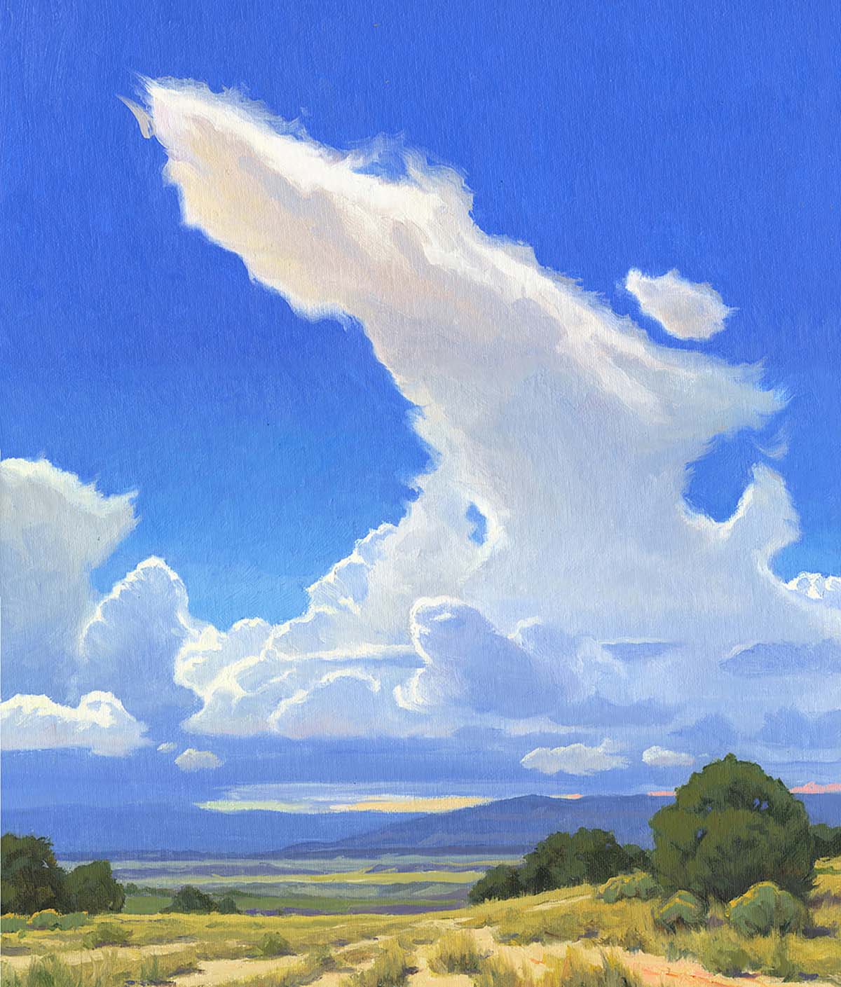 oil painting of bright blue sky with large, luminous clouds; farmland in foreground