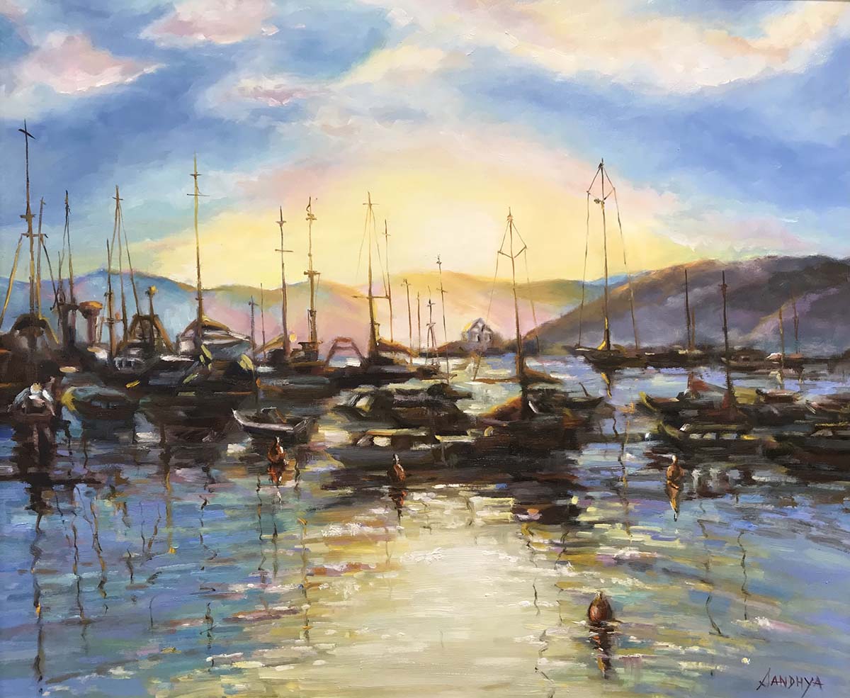 oil painting of sunset behind boats resting in the dock