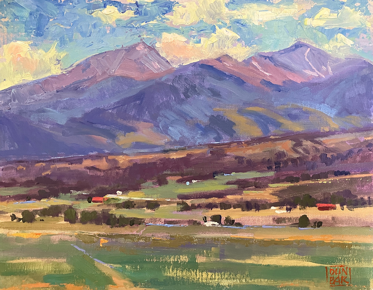 oil painting of mountain range with farmland in the foreground; during daytime