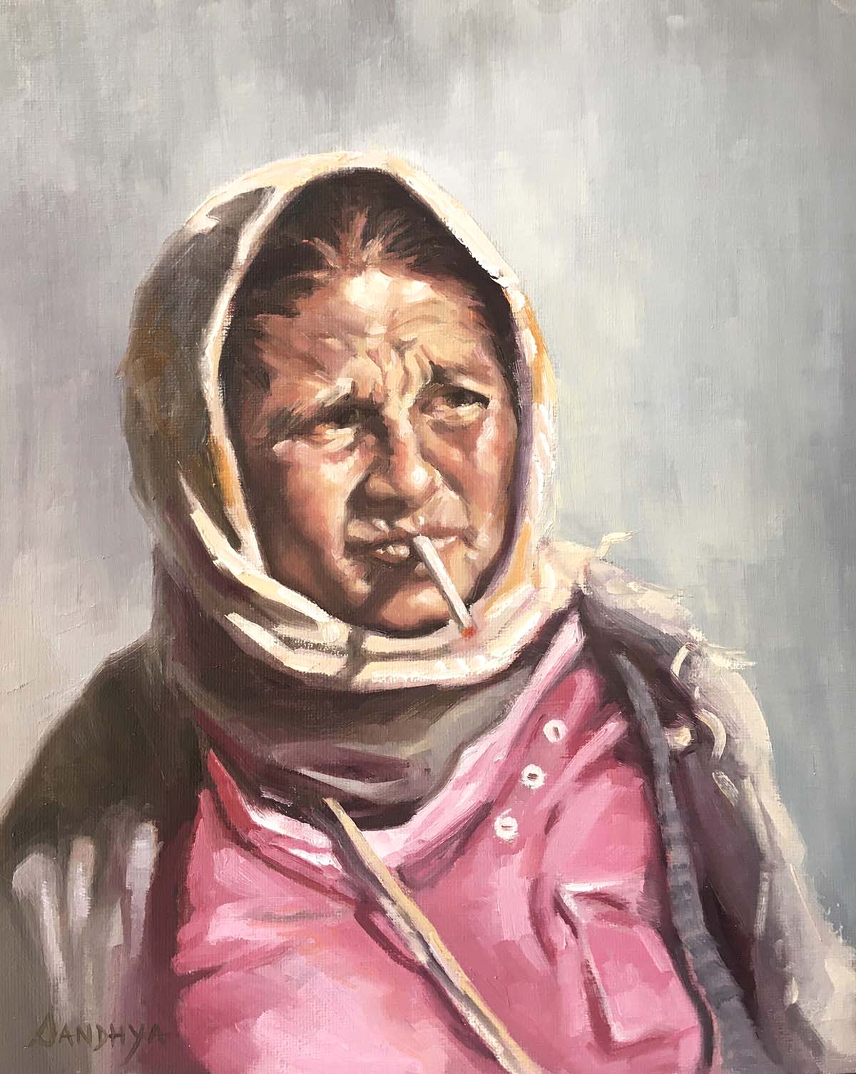 oil painting of old woman looking off from the viewer, smoking